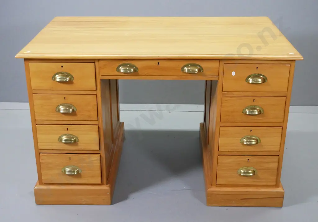 vintage kauri double pedestal 9-drawer desk, key escutcheons w/key, brass cup handles, minor scuffing H760 W1220 D770 Image 1++