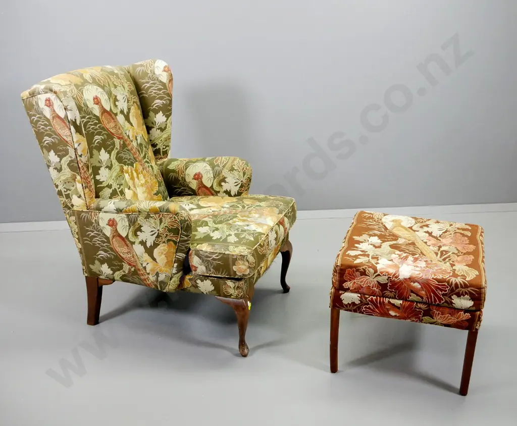 cab-leg wing-back armchair with tapered leg foot stool, upholstered in bird-pattern linen. Chair H-960 W-620 D-760 Image 1++