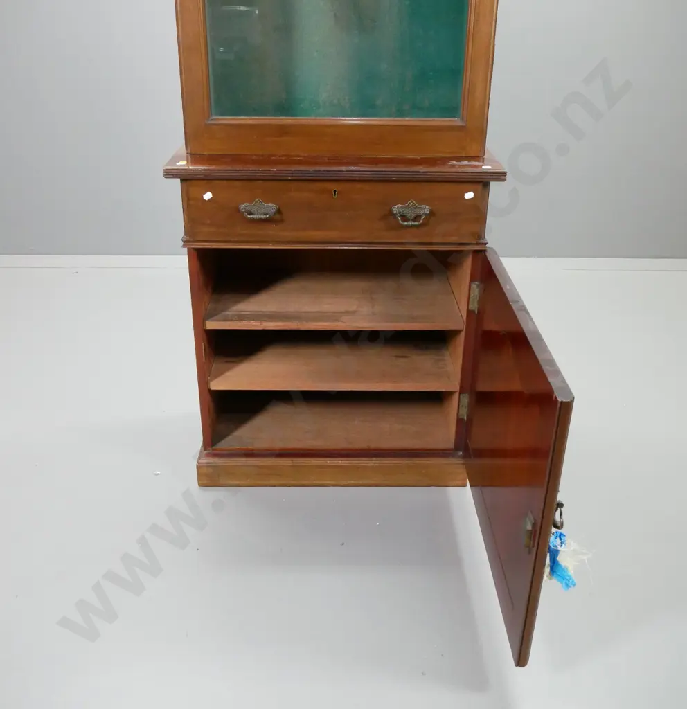 vintage gun cabinet w/carved top panel, drawer w/drop handles, lockable cupboard base Image 1++