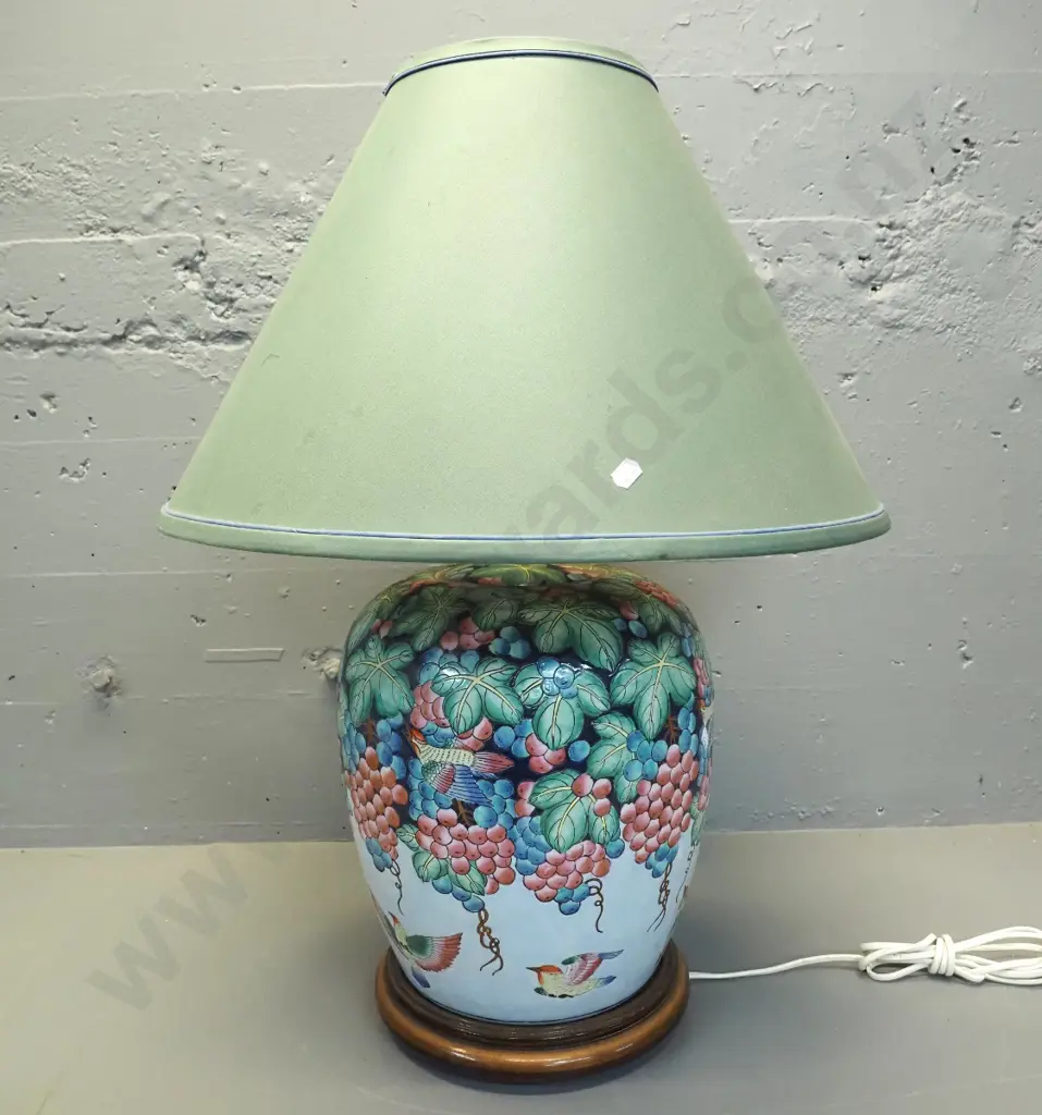 large china table lamp on wooden base - birds, fruit & flowers, label for Florice Taylor - Shade D-530, H-730 with shade Image 1++