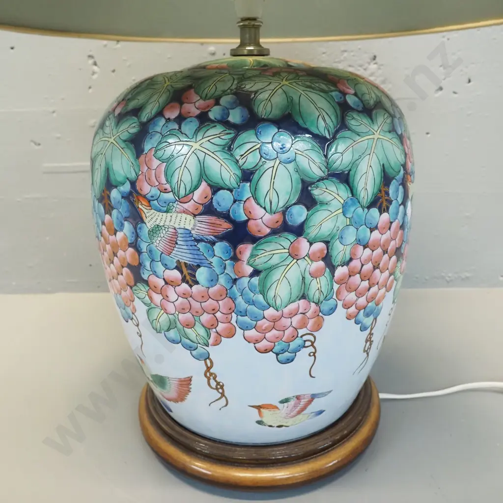 large china table lamp on wooden base - birds, fruit & flowers, label for Florice Taylor - Shade D-530, H-730 with shade Image 1++