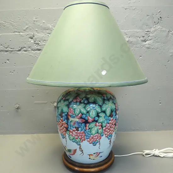 large china table lamp on wooden base - birds, fruit & flowers, label for Florice Taylor - Shade D-530, H-730 with shade