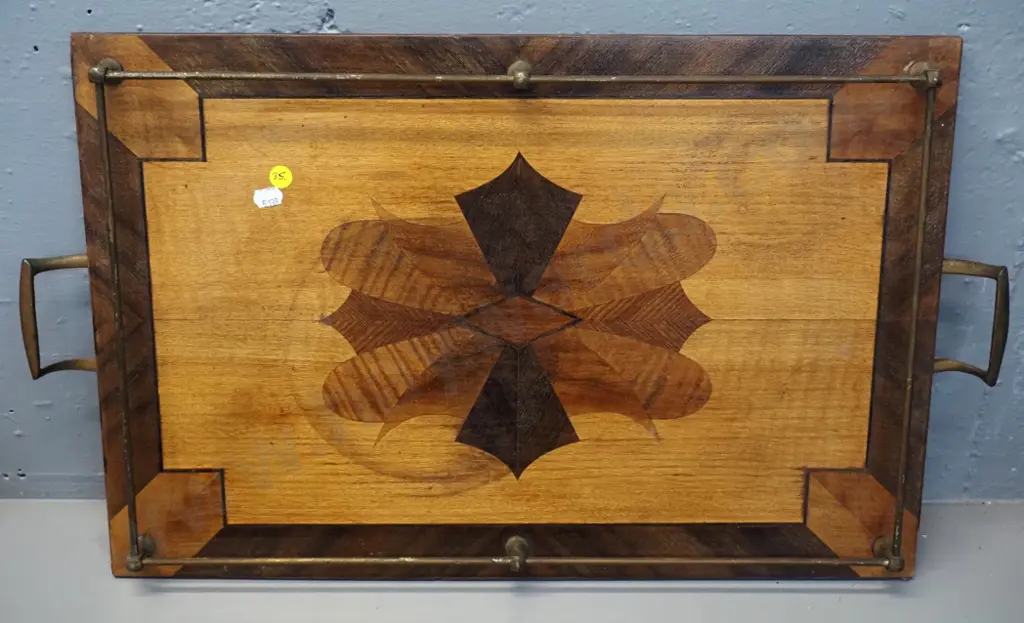 deco mixed timber serving tray with inlay motifs, brass gallery and handles L-650 W-370 Image 1++