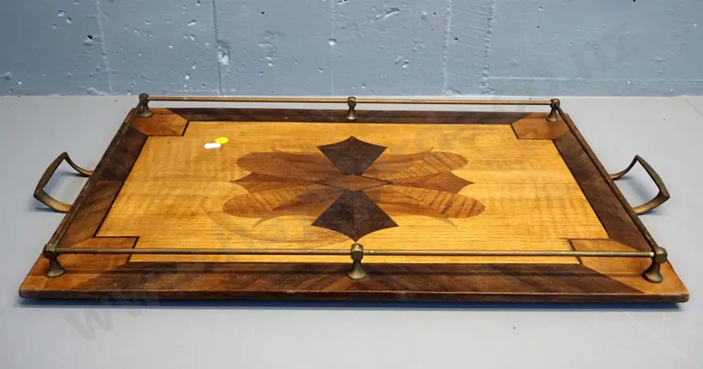 deco mixed timber serving tray with inlay motifs, brass gallery and handles L-650 W-370 Image 1++