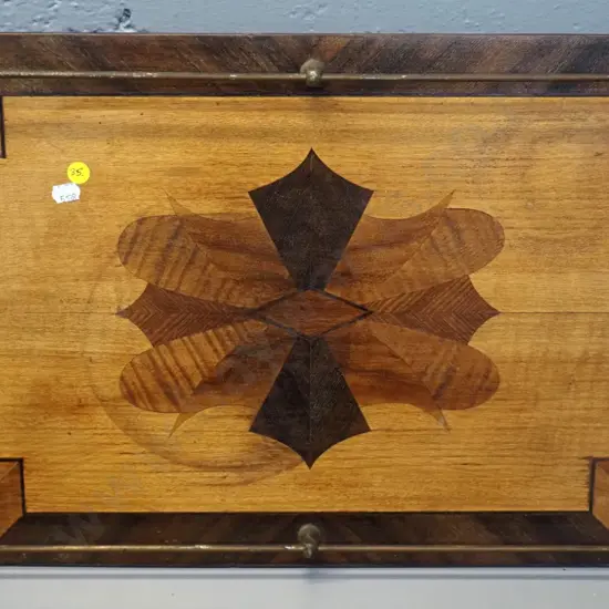 deco mixed timber serving tray with inlay motifs, brass gallery and handles L-650 W-370