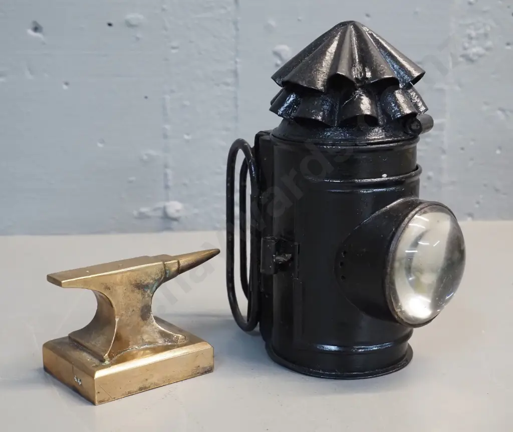 miniautre solid cast brass anvil and a black painted small miner's lamp with clear lens H-170 Image 1++
