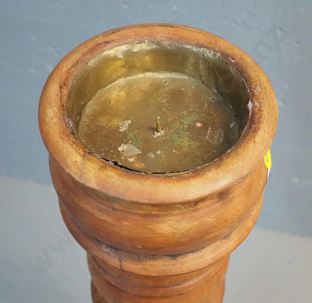 large twisted stem carved hardwood candle holder with brass liner - some surface splitting H-530 Image 1++