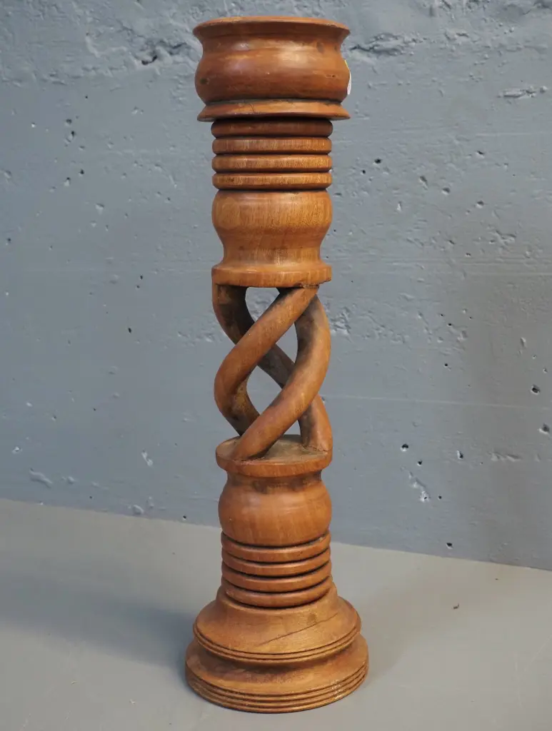 large twisted stem carved hardwood candle holder with brass liner - some surface splitting H-530 Image 1++