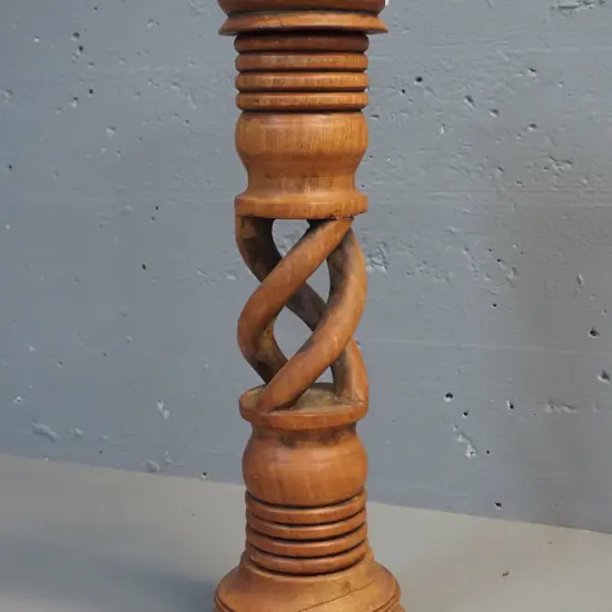large twisted stem carved hardwood candle holder with brass liner - some surface splitting H-530