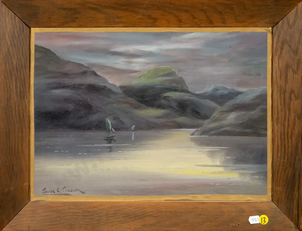 Jimsie C Fraser - framed oil - lake scene H-250 W-350 Image 1++