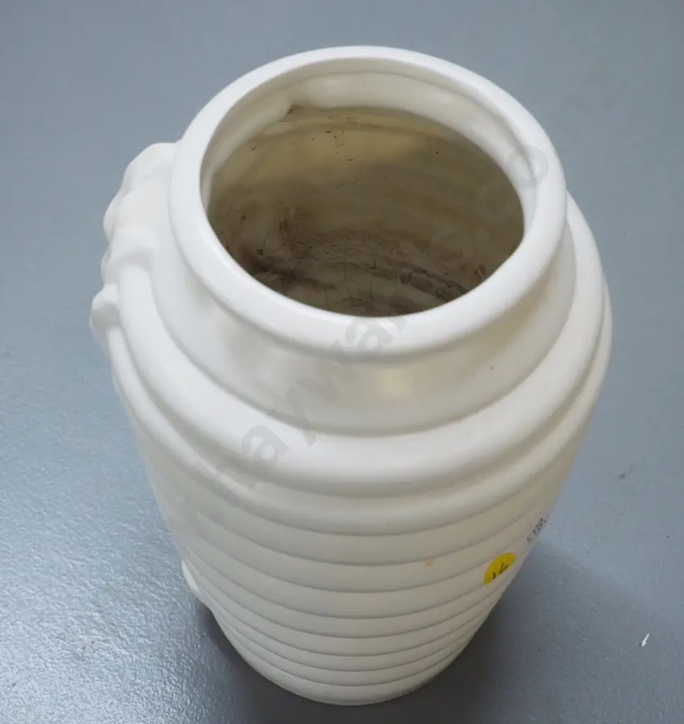 white vase with ribbed and raised flower design - hard to read mark on base H-270 Image 1++