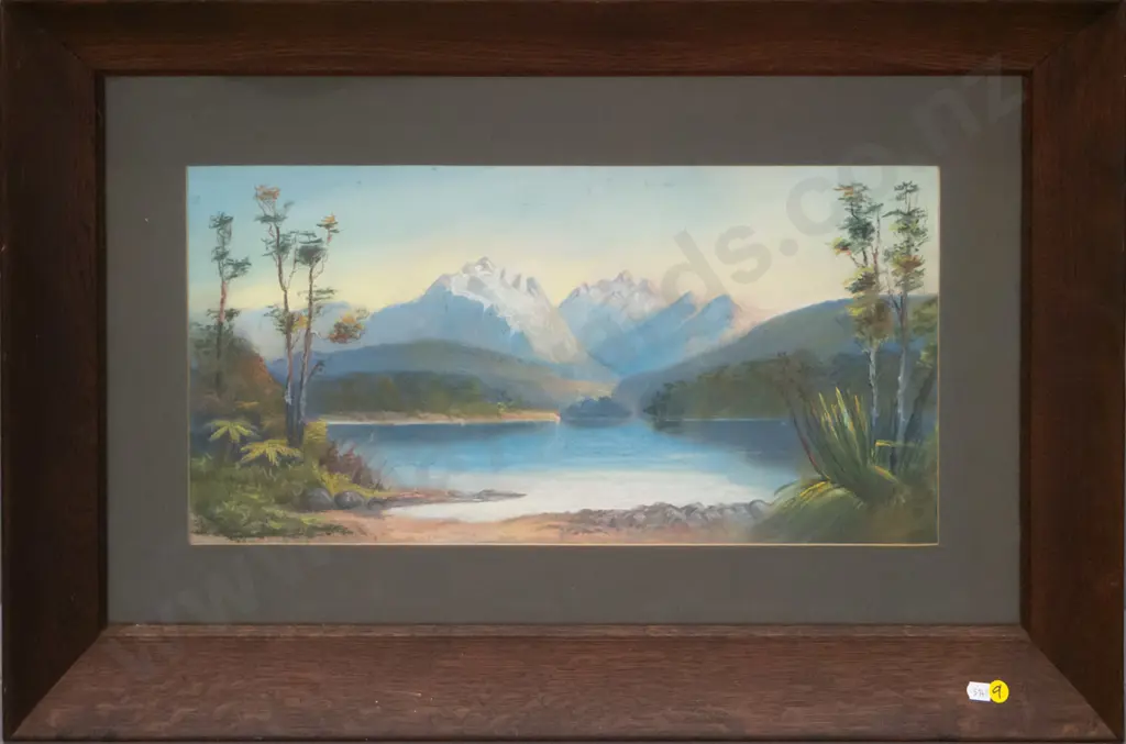 R Nash - framed pastel - lake and mountain scene (slight foxing) H-270 W-520 Image 1++