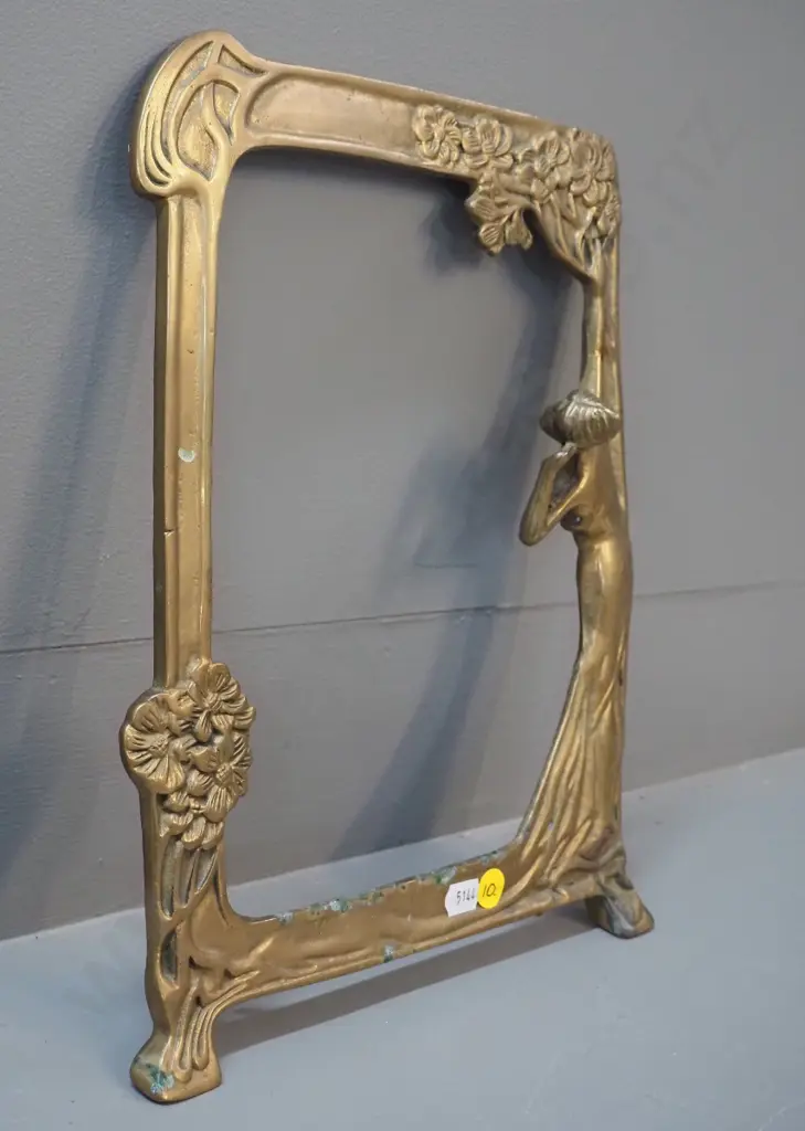 art nouveau style cast brass picture frame with relief figure - no glass or back-stand - some verdigris H300 W240 Image 1++