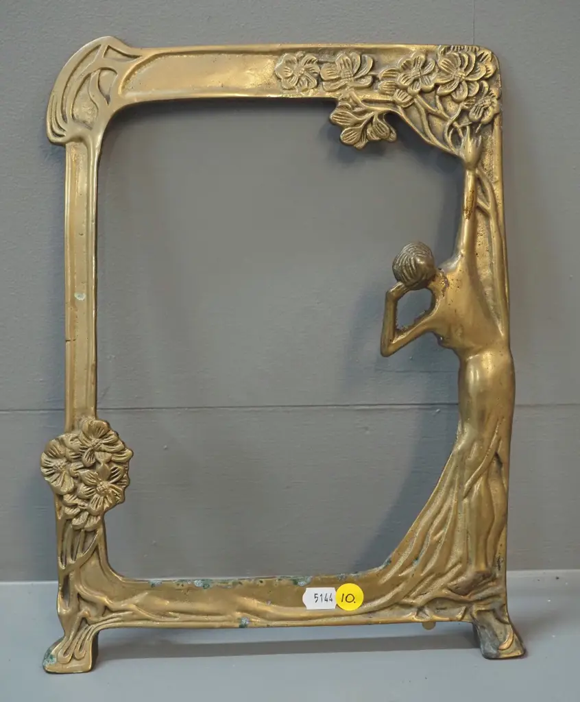 art nouveau style cast brass picture frame with relief figure - no glass or back-stand - some verdigris H300 W240 Image 1++