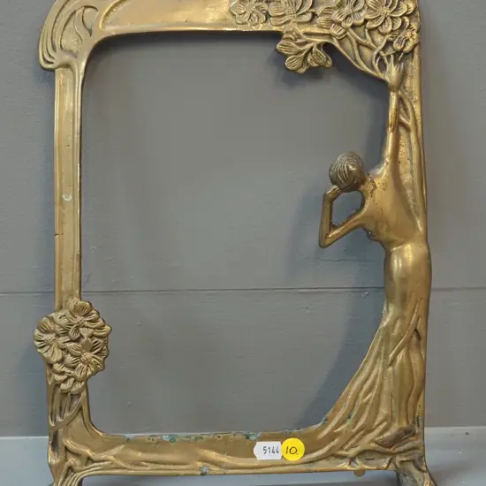 art nouveau style cast brass picture frame with relief figure - no glass or back-stand - some verdigris H300 W240