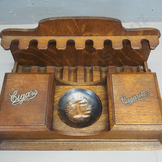 oak smoker's stand with pipe rack, 2 lidded compartments & (non-original) copper ashtray H-200 W-400 D-230
