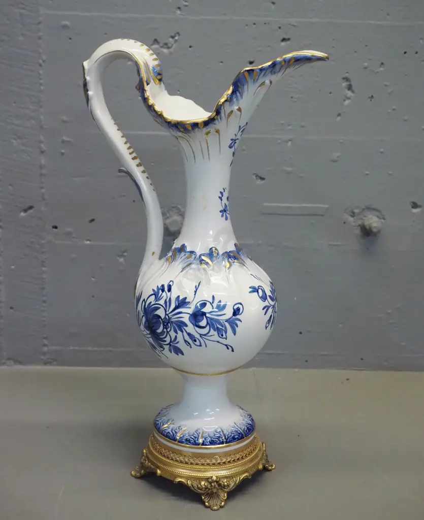 Italian blue and white pitcher vase on gilded stand H-430 Image 1++
