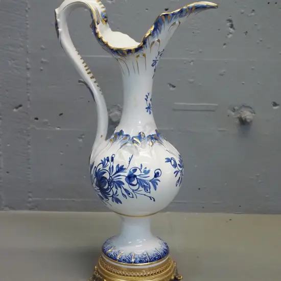 Italian blue and white pitcher vase on gilded stand H-430