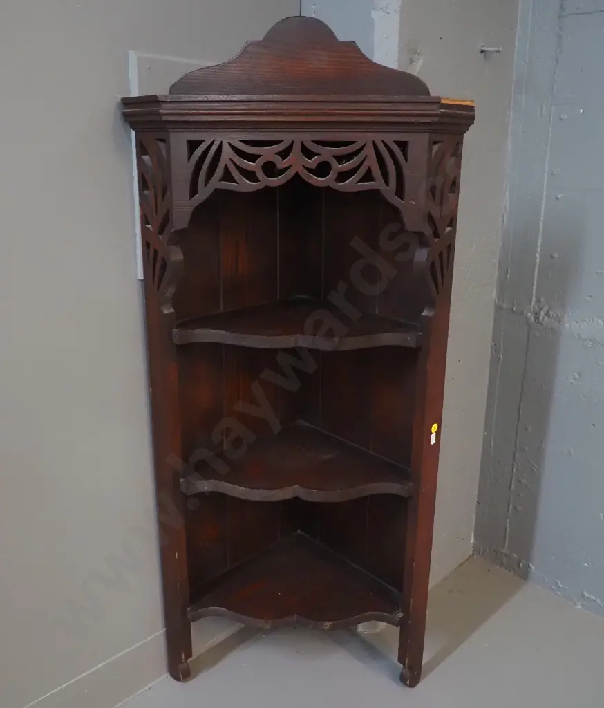 vintage dark stained cedar corner wall hanging cabinet w/fretted detail, 3 shelves, missing some beading H1000 W420 D260 Image 1++