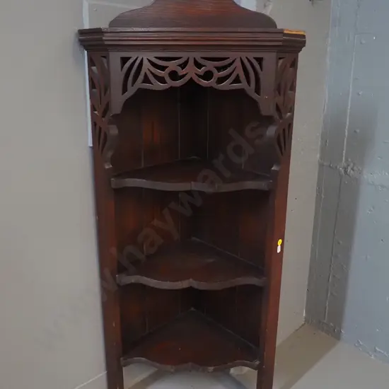 vintage dark stained cedar corner wall hanging cabinet w/fretted detail, 3 shelves, missing some beading H1000 W420 D260