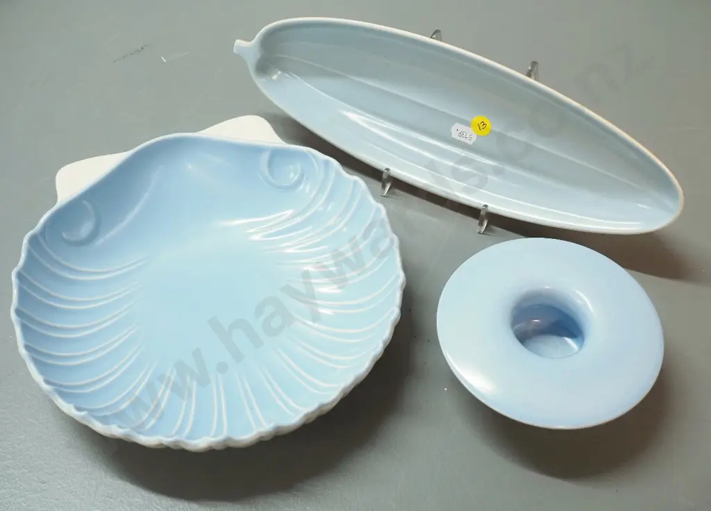 3 Poole cream & blue items - scallop shaped dish D-220, small vase, cucumber plate Image 1++