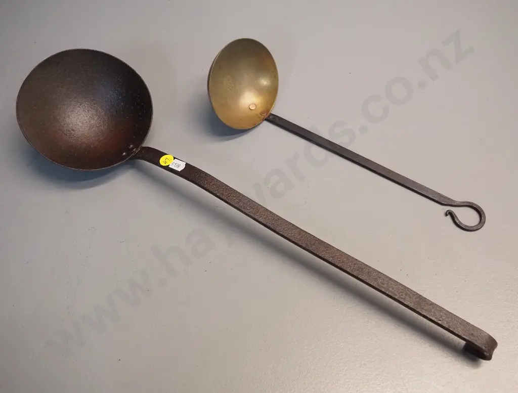 2 vintage ladles - one cast iron L-510, other is brass with cast iron handle Image 1++