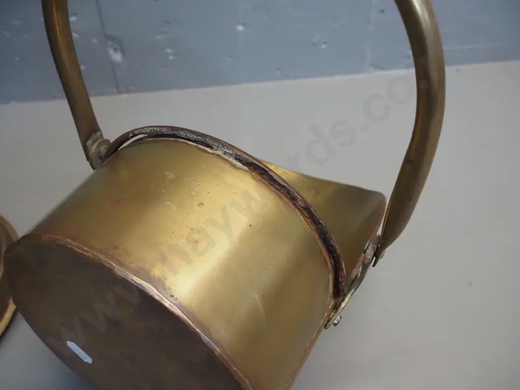 brass scuttle H-330 W-240 and a tin pitcher / jug with gilt paint finish and shaped metal cap Image 1++
