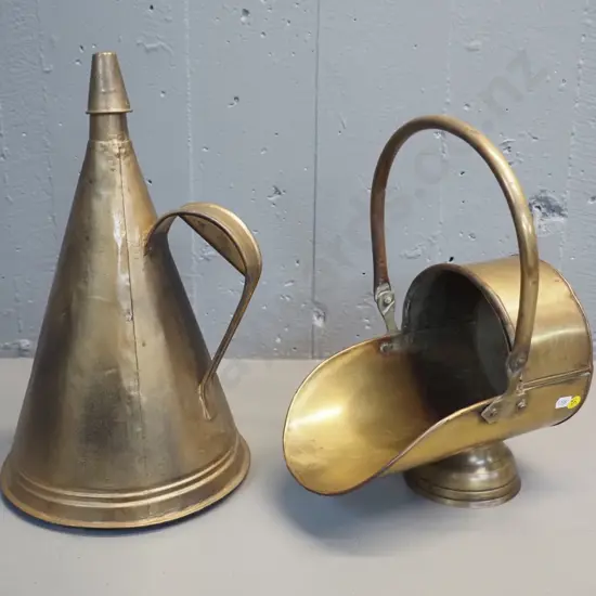 brass scuttle H-330 W-240 and a tin pitcher / jug with gilt paint finish and shaped metal cap