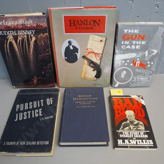 6 books - crime & legal subjects: Judith Binney on Thomas Kendall (ex library) Stanley Graham, Hanlon, etc.