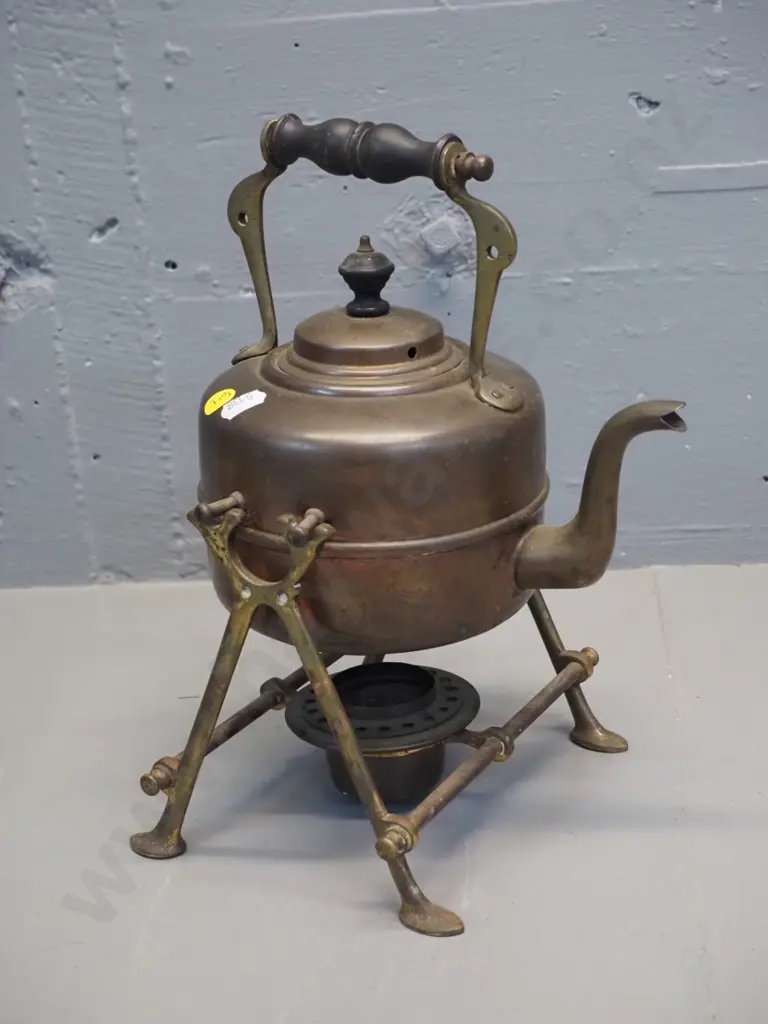 vintage copper and brass spirit kettle, wooden handle missing one bolt H-280 W-210 Image 1++