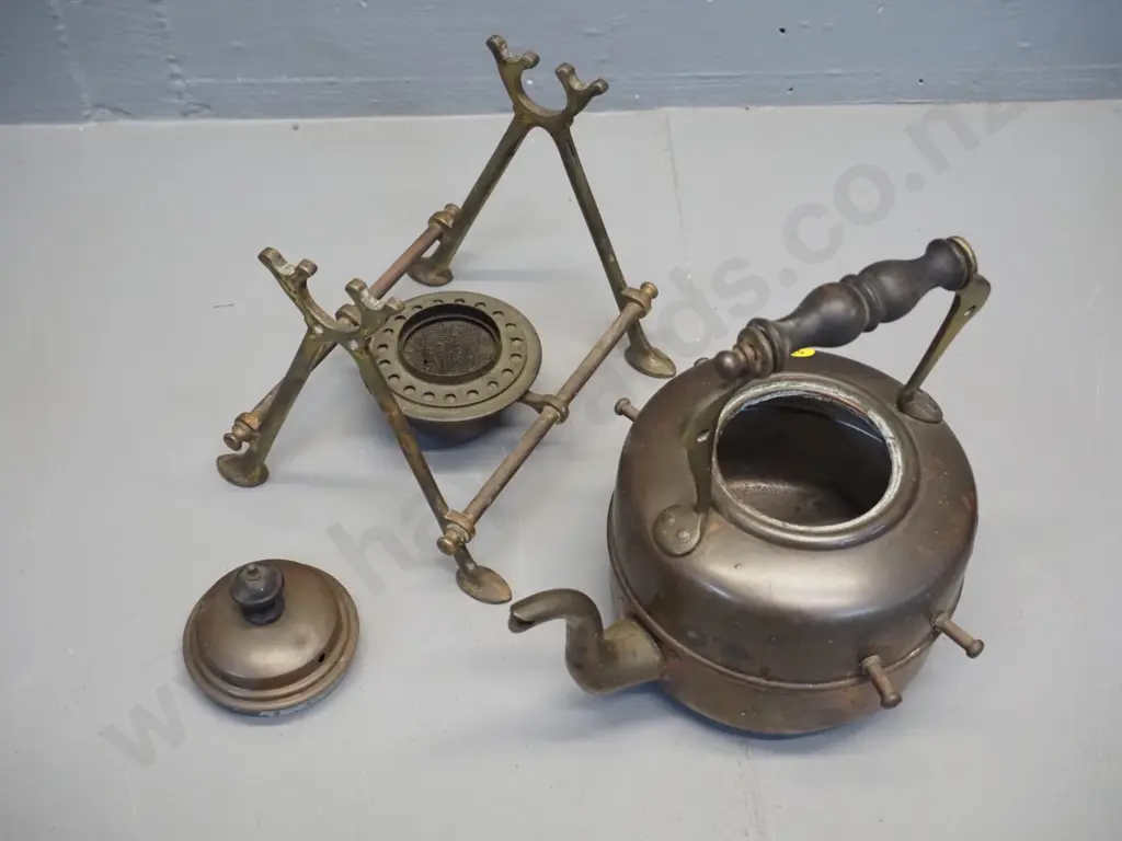 vintage copper and brass spirit kettle, wooden handle missing one bolt H-280 W-210 Image 1++