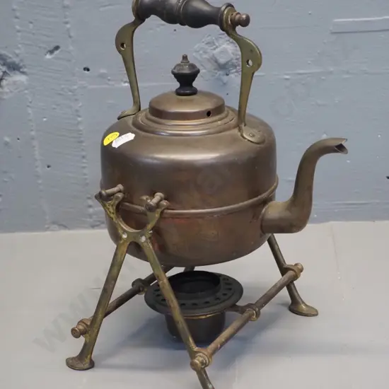 vintage copper and brass spirit kettle, wooden handle missing one bolt H-280 W-210