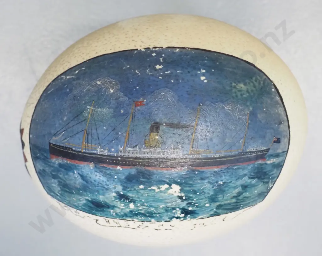 hand painted ostrich egg with shipping liner - some paint worn off, unsure of ship ID, possibly Capetown? Image 1++