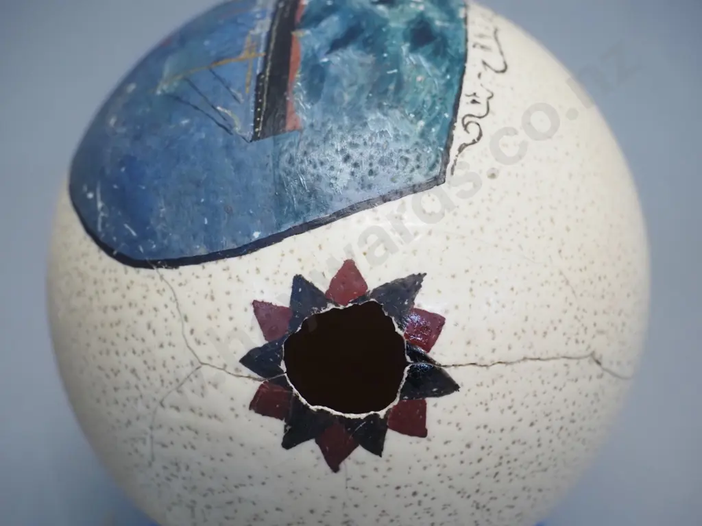 hand painted ostrich egg with shipping liner - some paint worn off, unsure of ship ID, possibly Capetown? Image 1++