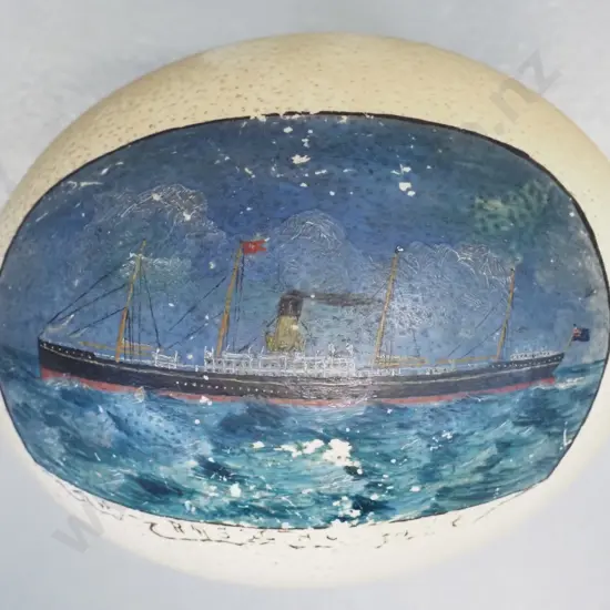 hand painted ostrich egg with shipping liner - some paint worn off, unsure of ship ID, possibly Capetown?
