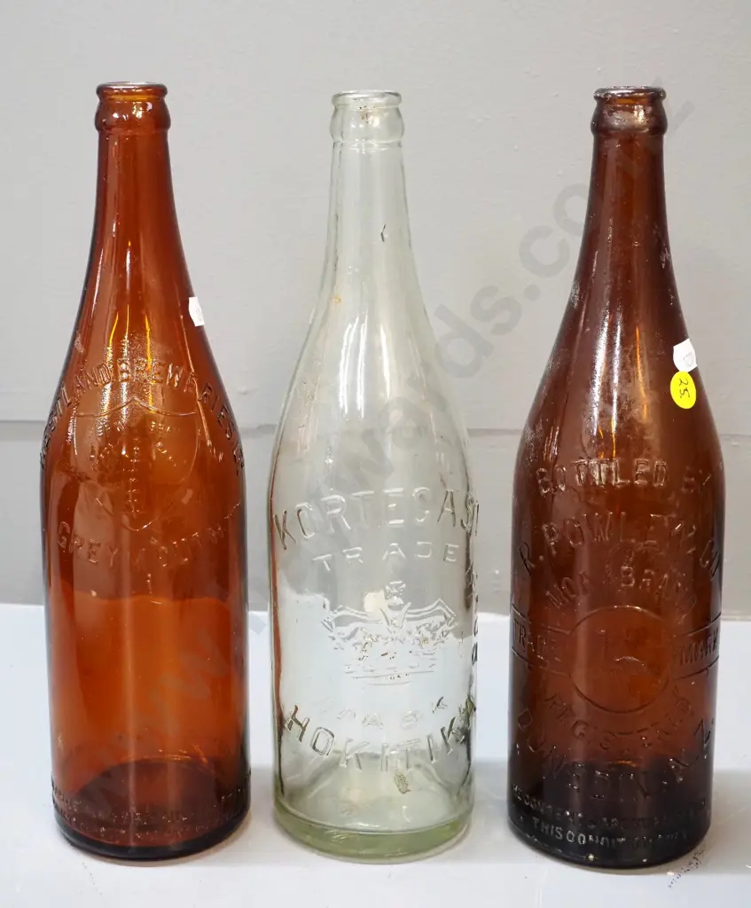 3 vintage beer bottles - clear Kortegast Bros. Hokitika H300 and brown Westland Breweries and Powley & Co. Moa Dunedin Image 1++