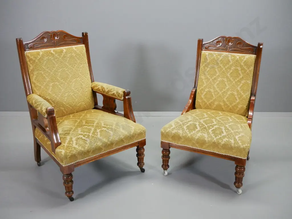 Edwardian matched lady's and gent's lounge chairs w/ nouveau style carved detail, covered in Italian embossed gold Image 1++