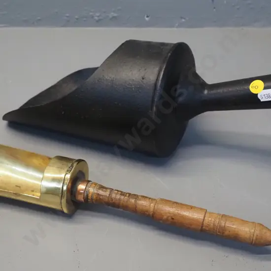 2 vintage scoops - one painted metal L-340, other brass with wood handle & copper collar