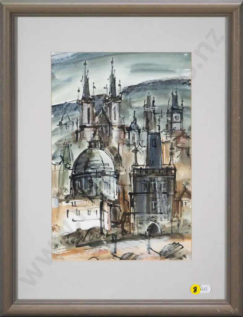 framed watercolour - city scene H-290 W-200 Image 1++
