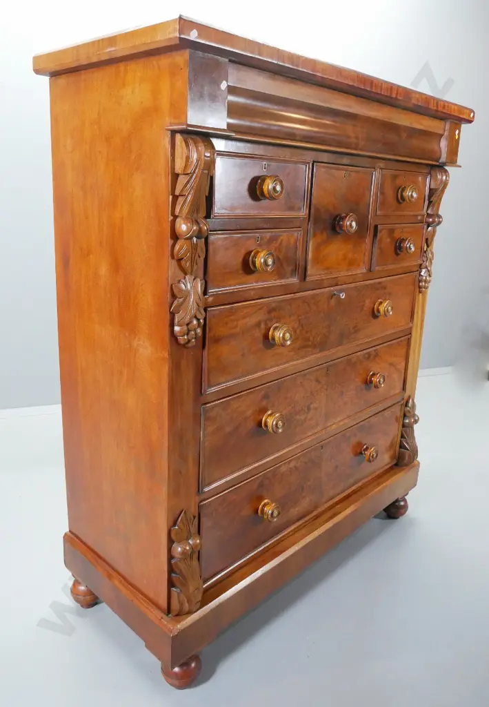 antique walnut full-size 9-drawer Scotch chest, flame veneer fronts, carved corbels, mother of pearl inserts on knobs Image 1++