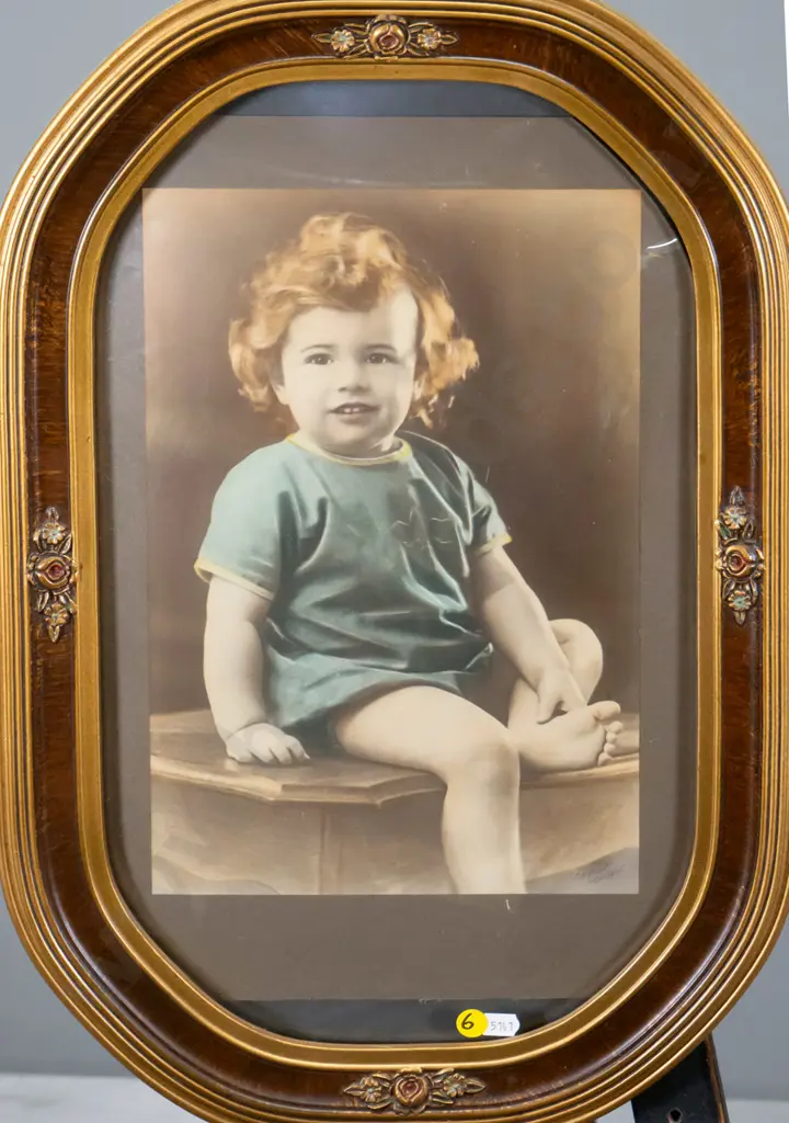 framed convex glass vintage hand coloured photograph - portrait H-320 W-220 Image 1++