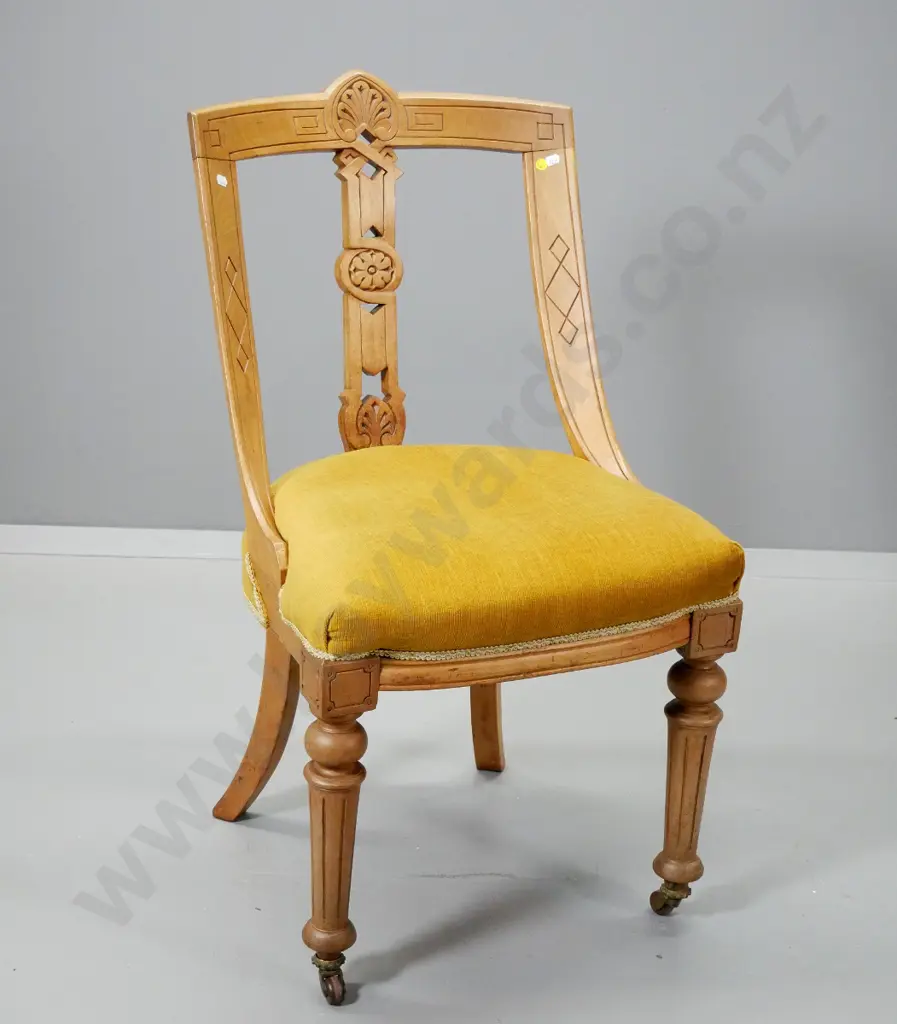 vintage walnut dining chair with carved back, original casters on front, gold velvet fabric on seat H900 W480 D530 Image 1++