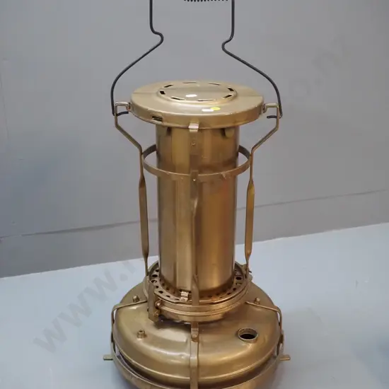 vintage brass kerosene heater with coiled wire handle - missing one plug/cap H-520 D-330