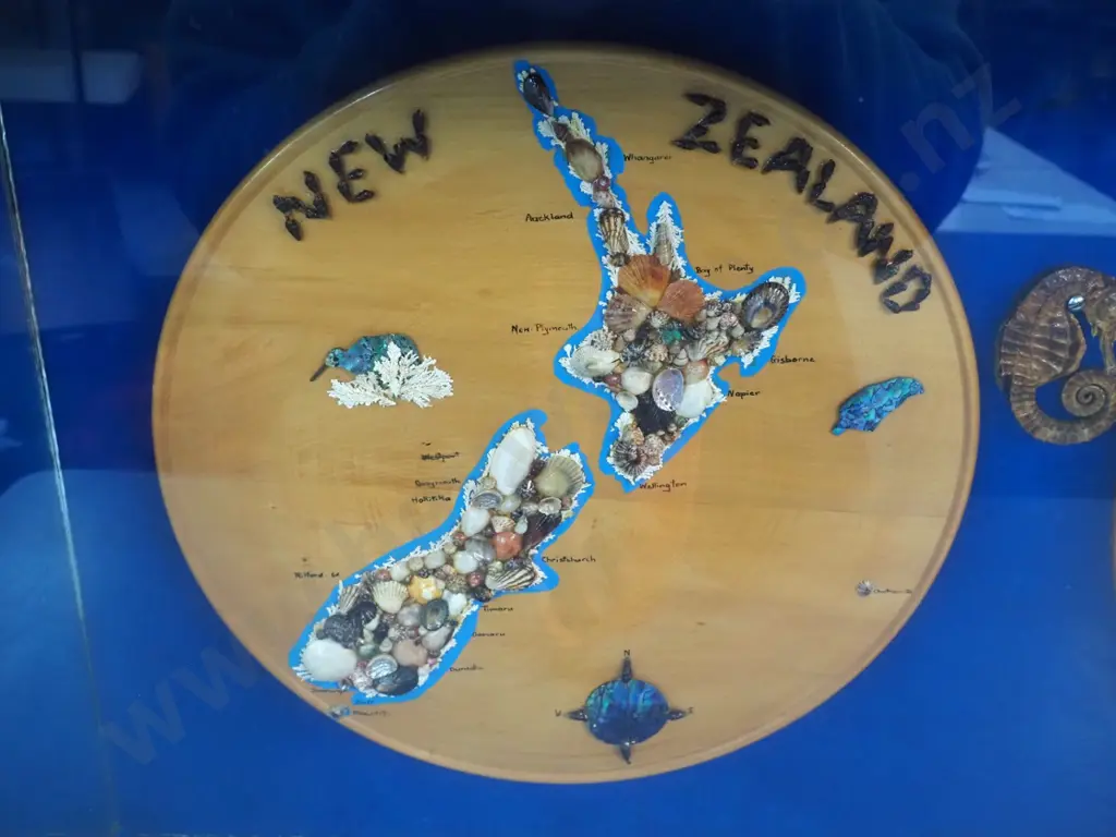 shell & painted wood souvenir maps New Zealand & Chatham Islands in fabric & mirror lined glazed display case H500 W910 Image 1++