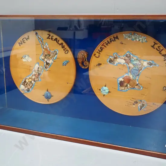 shell & painted wood souvenir maps New Zealand & Chatham Islands in fabric & mirror lined glazed display case H500 W910