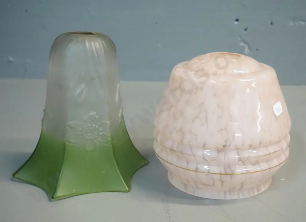 2 vintage glass light shades - one is pink mottled, one frosted clear & green H-170 Image 1++