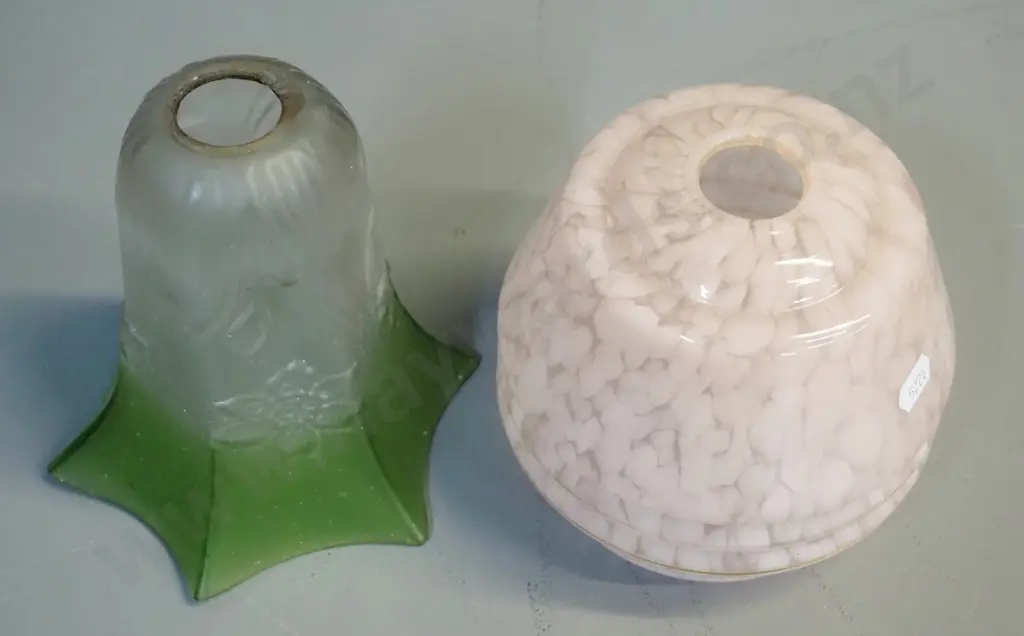 2 vintage glass light shades - one is pink mottled, one frosted clear & green H-170 Image 1++