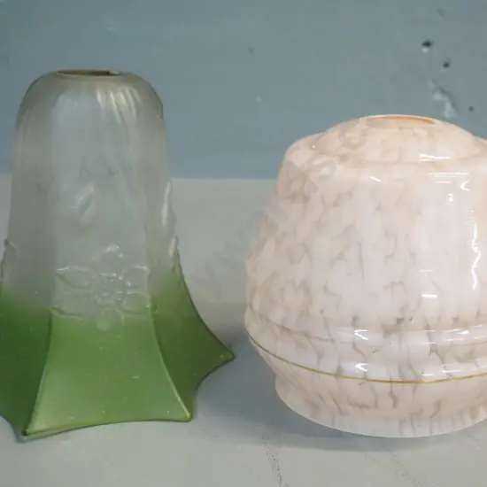 2 vintage glass light shades - one is pink mottled, one frosted clear & green H-170