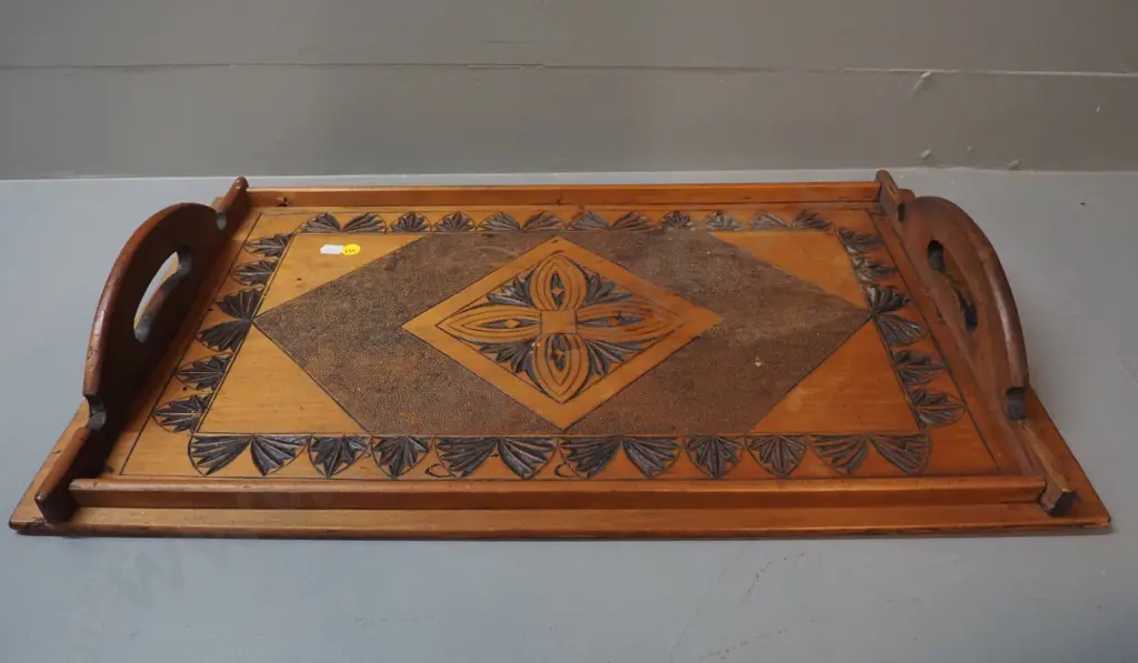 vintage poker carved timber handled serving tray - has crack, chip to one corner L-585 W-350 Image 1++