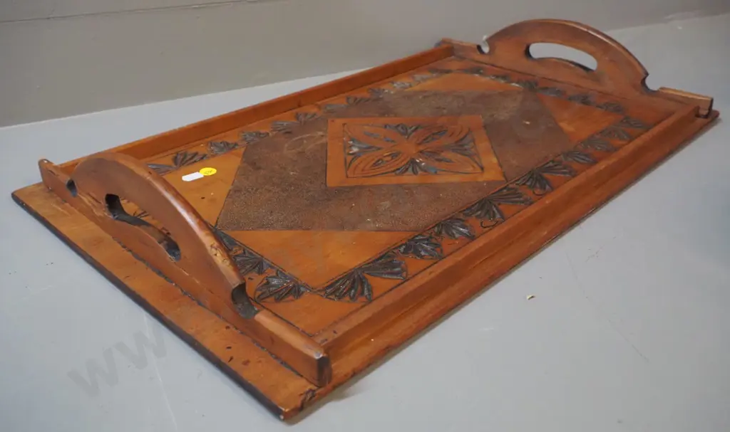 vintage poker carved timber handled serving tray - has crack, chip to one corner L-585 W-350 Image 1++